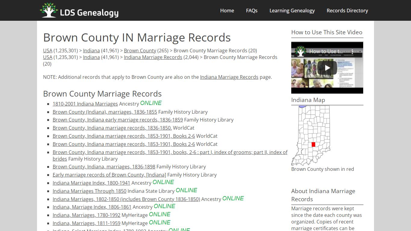 Brown County IN Marriage Records - LDS Genealogy